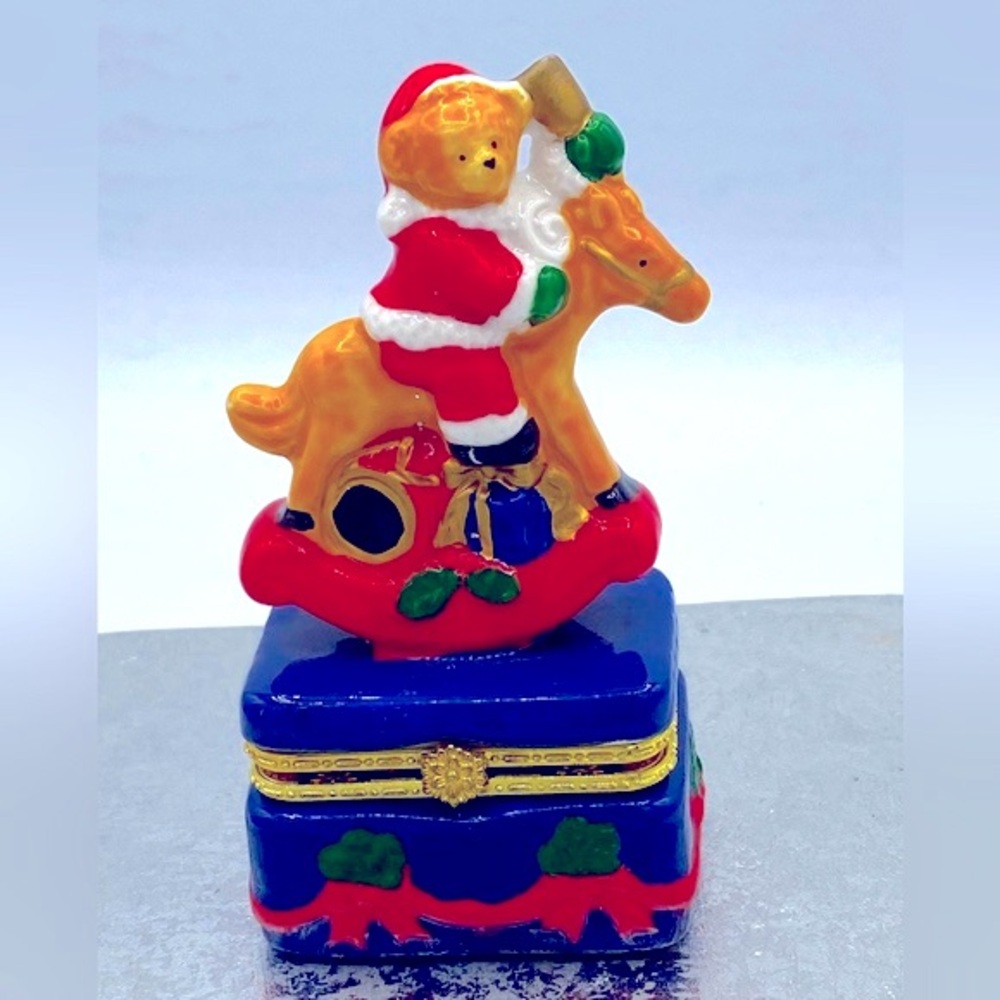 Vintage Ceramic Hinged Trinket Box With Santa Teddy Bear Riding Rocking Horse